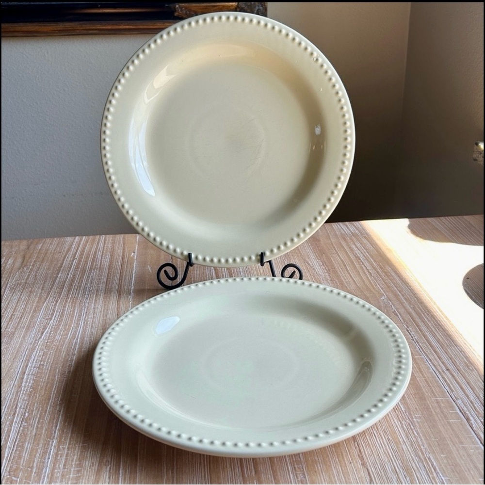 2 Pottery Barn Emma Beaded Dinner Plates Light Yellow Stoneware Portugal.